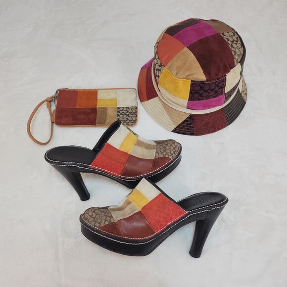 Vintage Y2k Coach Patchwork Set Shoes 8 Mules Heels Bucket Hat Wallet Wristlet - Picture 4 of 14